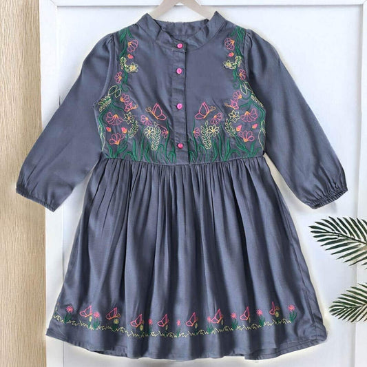 Bella Moda Girls Light Grey Embroidered Cotton Full Sleeve Frock