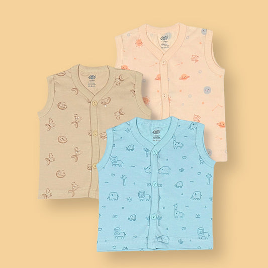 Zero's Cozy Crew Jhabla - Soft Sleeveless Shirt Sprinkled with Anchors, Bears & Space Fun (Pack of 3)