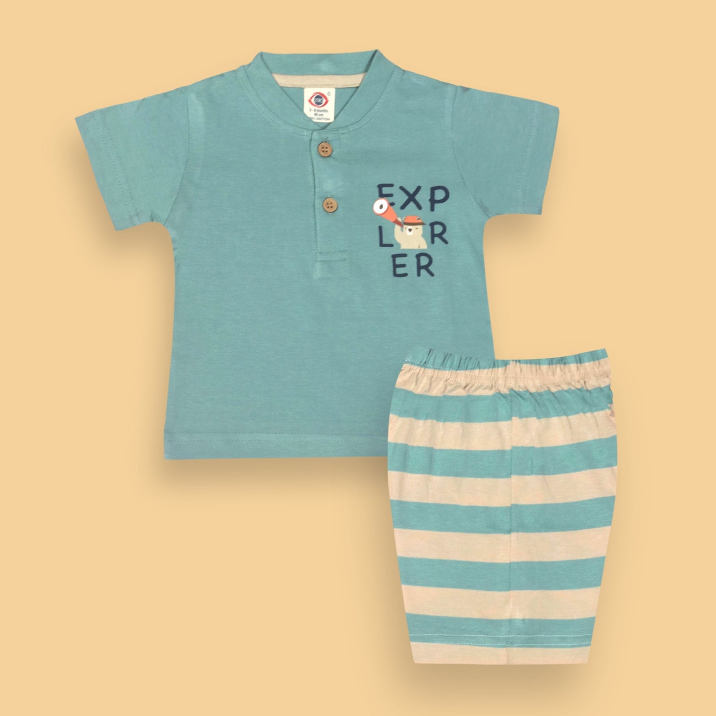 Zero Boys’ Summer Essentials Set – Turquoise Half Sleeve T-Shirt with Teddy Bear Cartoon & Front Button, Elastic Waist Shorts