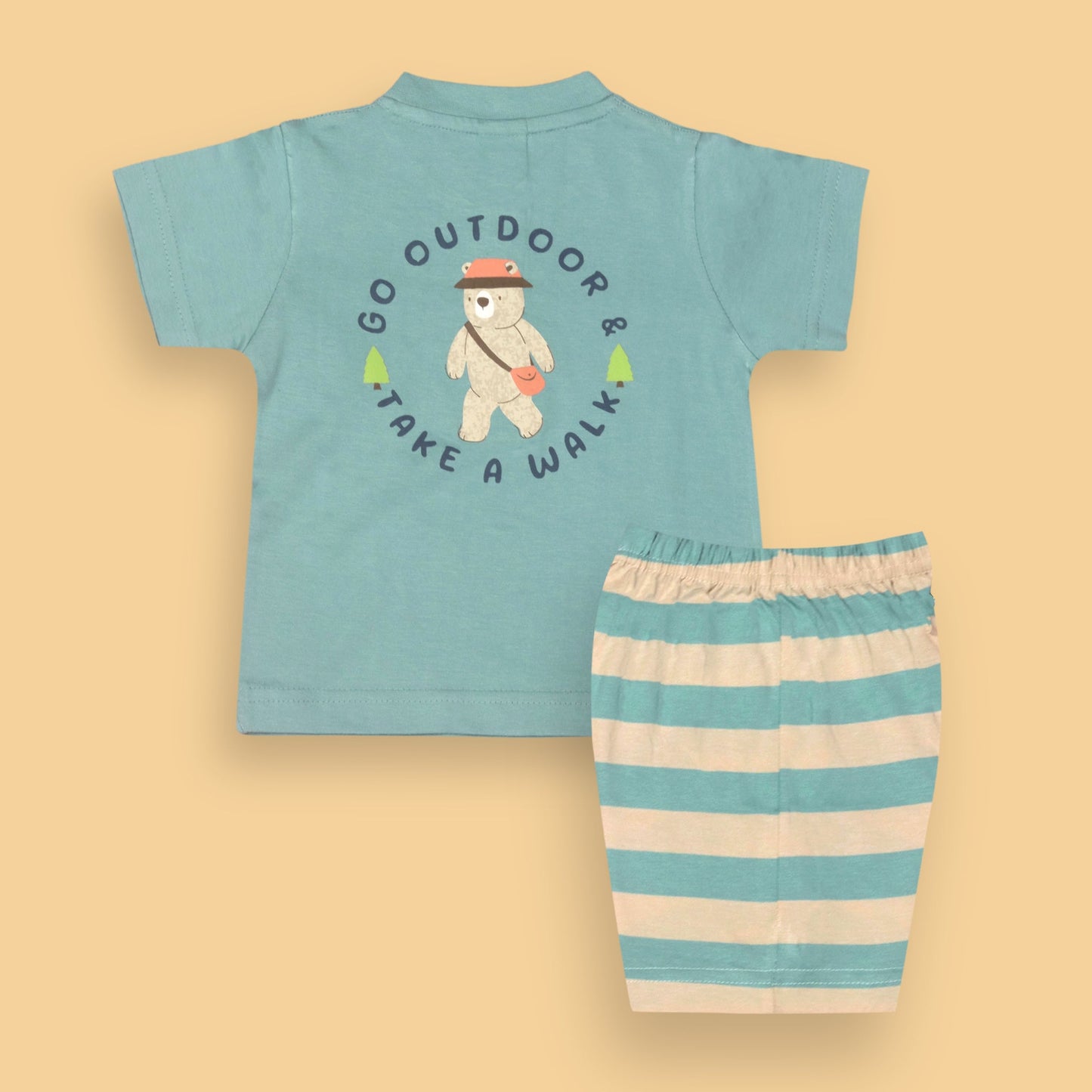 Zero Boys’ Summer Essentials Set – Turquoise Half Sleeve T-Shirt with Teddy Bear Cartoon & Front Button, Elastic Waist Shorts
