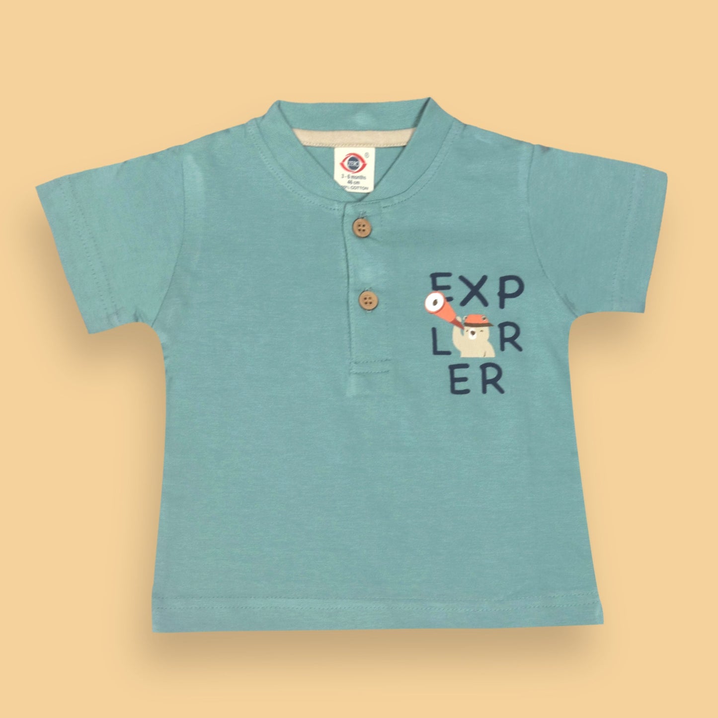 Zero Boys’ Summer Essentials Set – Turquoise Half Sleeve T-Shirt with Teddy Bear Cartoon & Front Button, Elastic Waist Shorts