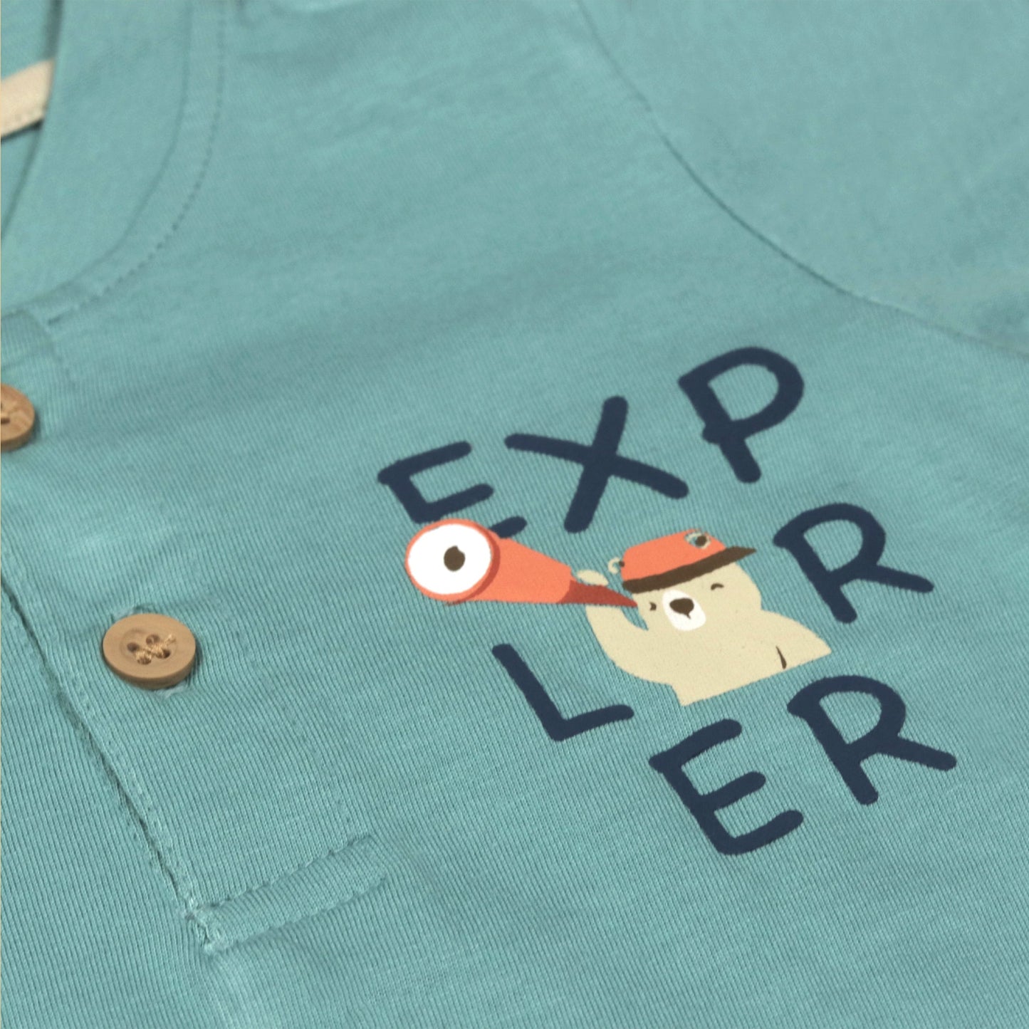Zero Boys’ Summer Essentials Set – Turquoise Half Sleeve T-Shirt with Teddy Bear Cartoon & Front Button, Elastic Waist Shorts