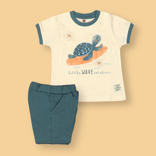 Zero Breathable Turquoise Boys' Set – Surfing Tortoise Placement Print Tee with Round Neck & Comfortable Cotton Shorts