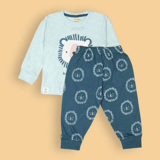 Happy Friends Set by Cucumber – Turquoise Full Sleeve Tee & Teal Blue Jogger Pants, Soft Cotton Comfort
