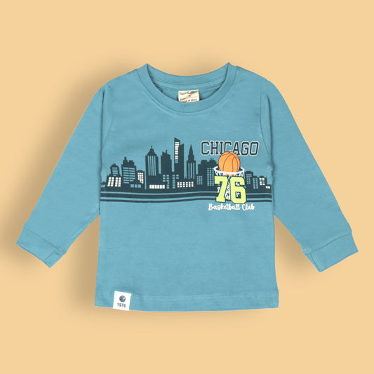 Cucumber Boys’ Essentials – Turquoise Full Sleeve Tee with Chicago Basketball Club & City Print, Cotton Blend