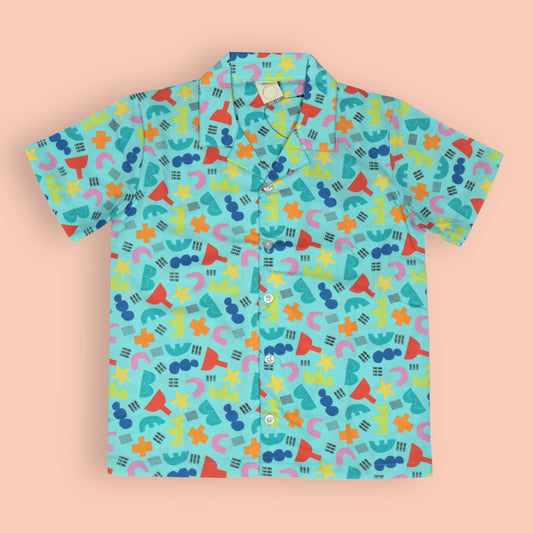 Boys’ Cozy Star Print Pyjama Set – Turquoise Cotton Collar Shirt with Front Buttons & Full-Length Pants