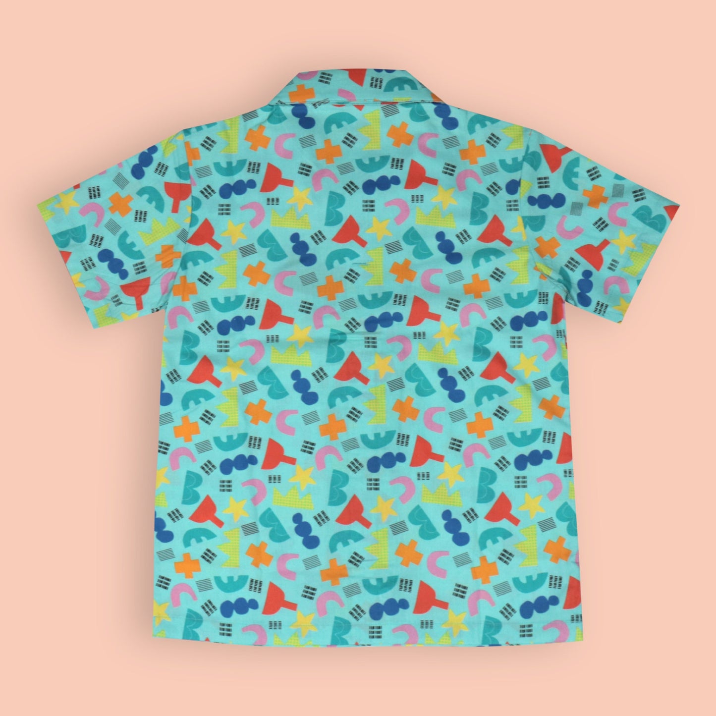 Boys’ Cozy Star Print Pyjama Set – Turquoise Cotton Collar Shirt with Front Buttons & Full-Length Pants