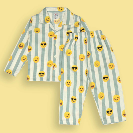 Ollypop Teal Blue Nightwear Set – Cheerful Stripes & Smiley Print, Soft Sinker Fabric, Cozy Dreams Await!