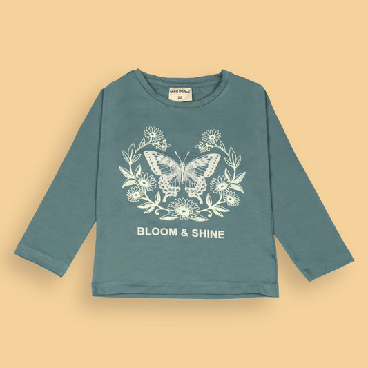 Ollypop Girl Teal Blue 'BLOOM & SHINE' Butterfly & Large Flower Print Cotton Full Sleeve T-Shirt