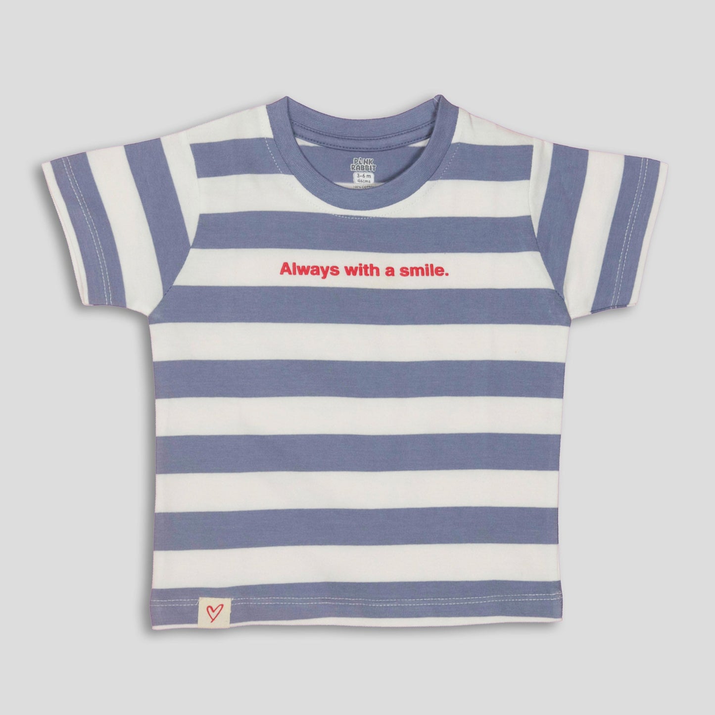Pink Rabbit Teal Blue Cotton Tee –  Cap Sleeve, Cheerful “Always with a Smile” Design