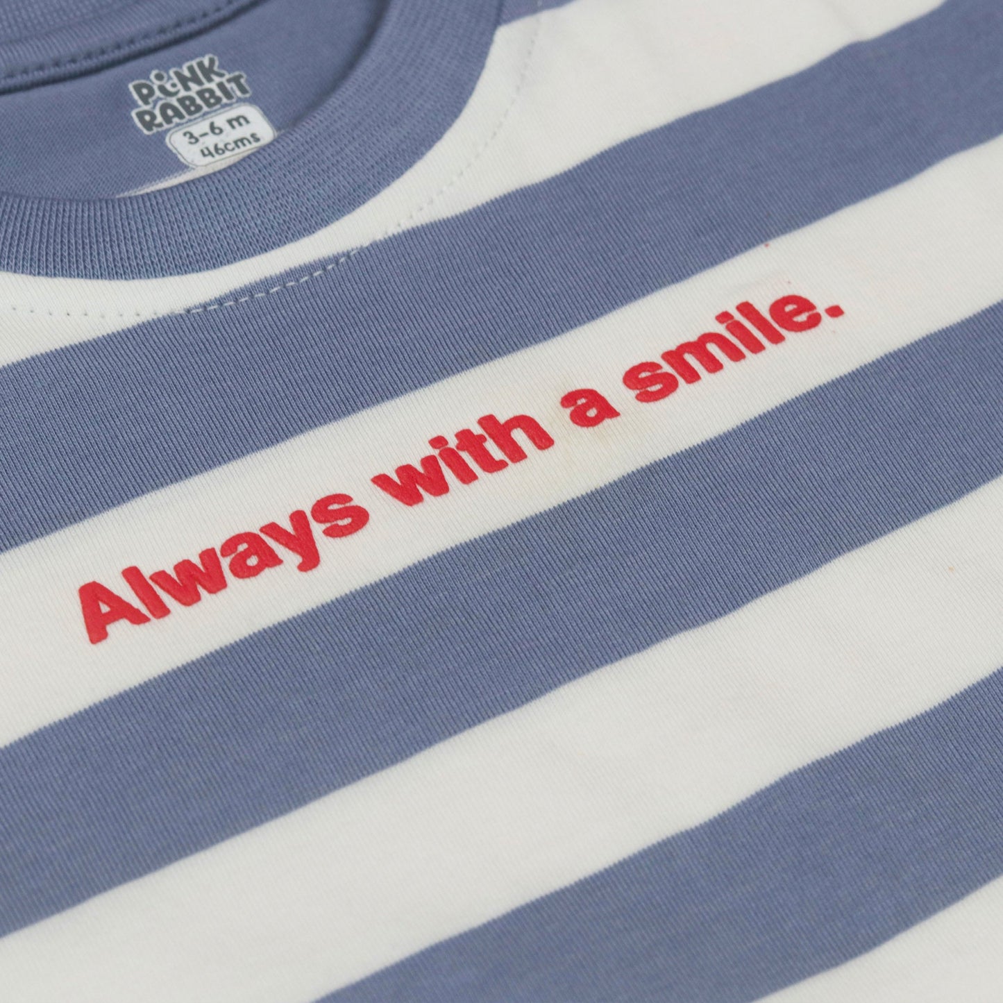 Pink Rabbit Teal Blue Cotton Tee –  Cap Sleeve, Cheerful “Always with a Smile” Design