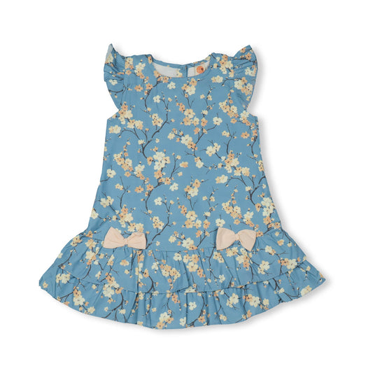 Dew Drop Girls' Floral Frilled Sleeves Teal Blue – Comfortable Slip-On Frock