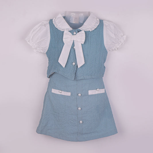 Toffyhouse Girls’ Teal Blue Cotton Blend Set – Cap Sleeve Mandarin Collar Top