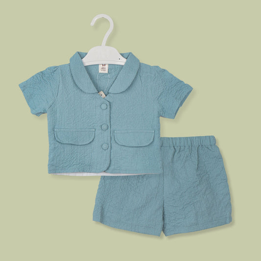 Toffyhouse Girls’ Teal Blue Cotton Blend Polo Collar Top & Knee-Length Shorts Set
