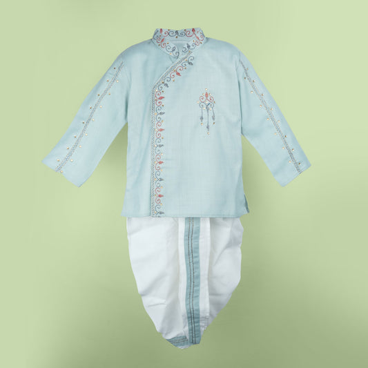 Archies Boys’ Cotton Dhoti Kurta Set with Embroidery – Teal Blue Festival Wear