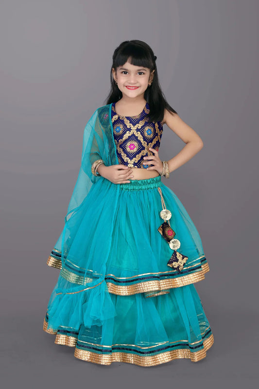 Little Diva’s Delight: Teal Blue & Lace Embroidered Lehenga Choli for Celebrations