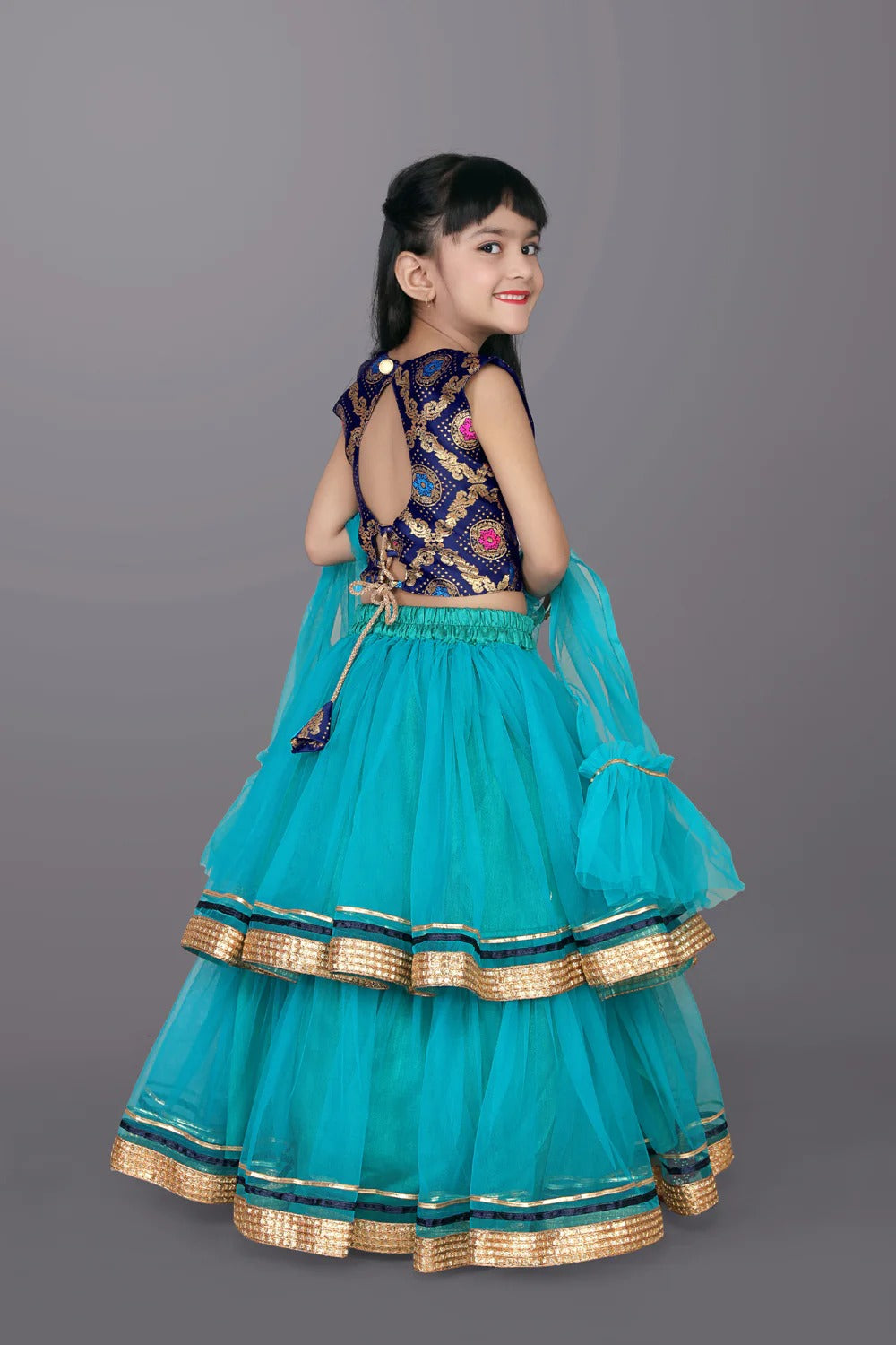 Little Diva’s Delight: Teal Blue & Lace Embroidered Lehenga Choli for Celebrations