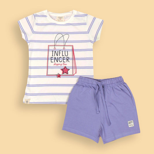 Ollypop Violet Nightwear Set with Influencer Shopping Time Print T-Shirt and Drawstring Shorts