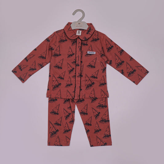 Toffyhouse Girls’ Cotton Nightwear Set Ship Print Full Sleeve Collar Shirt with Pants