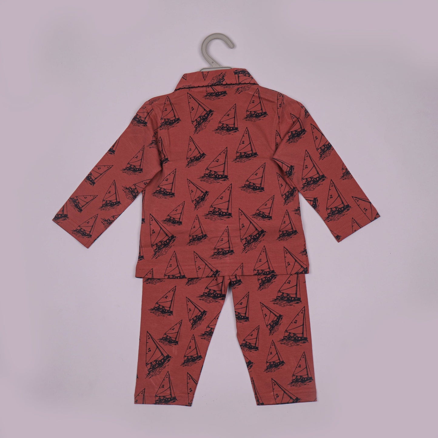 Toffyhouse Girls’ Cotton Nightwear Set Ship Print Full Sleeve Collar Shirt with Pants