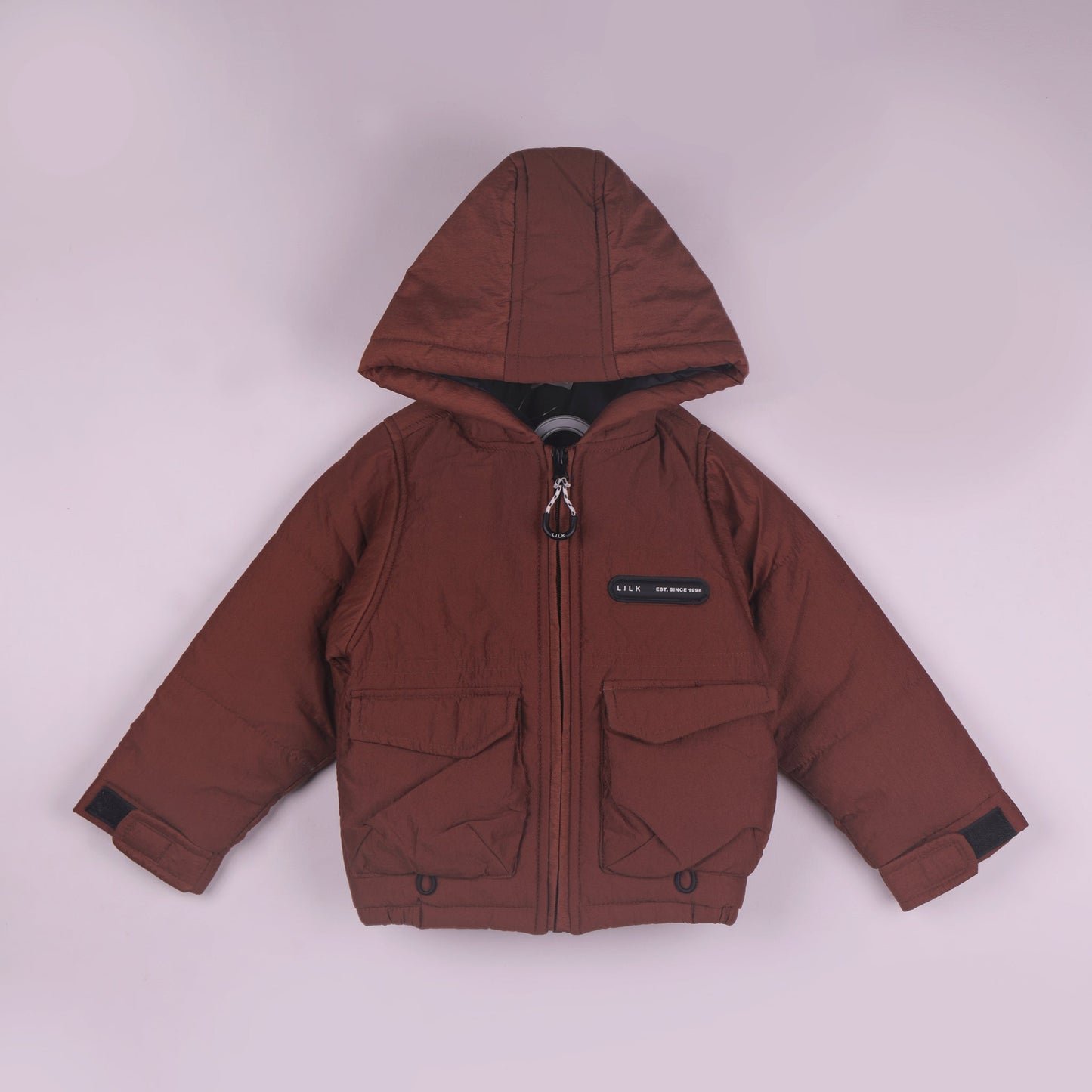 Stay Toasty in Rust Orange: Little Kangaroos Boys Quilted Hooded Jacket with Zip Closure