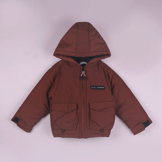 Stay Toasty in Rust Orange: Little Kangaroos Boys Quilted Hooded Jacket with Zip Closure