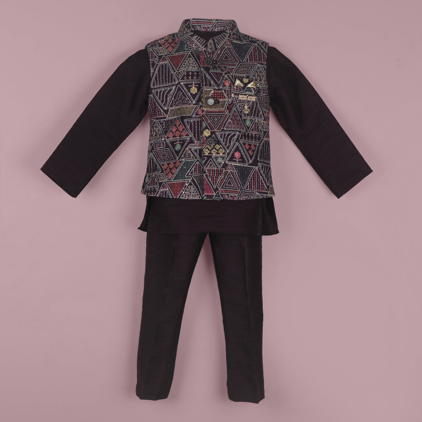 Regal in Plum – Boys’ Kurta Dhoti Jacket Pant Set