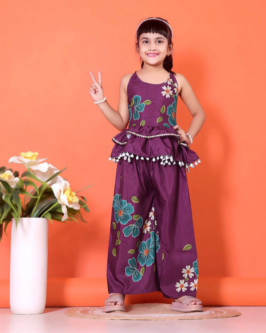 Girls’ Plum Printed Kurta with Palazzo – Cotton Blend Partywear by Satyam Fab