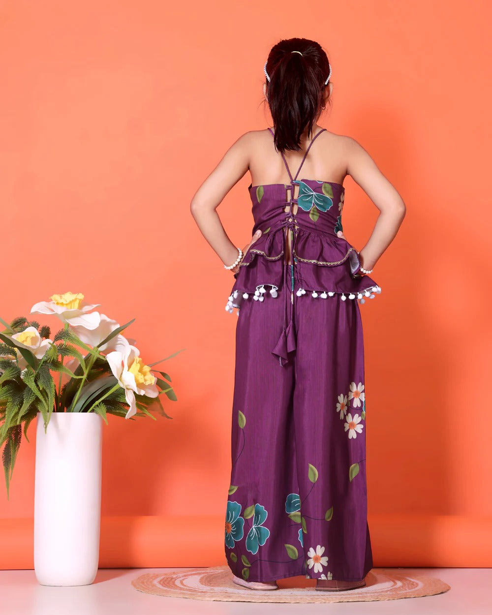 Girls’ Plum Printed Kurta with Palazzo – Cotton Blend Partywear by Satyam Fab