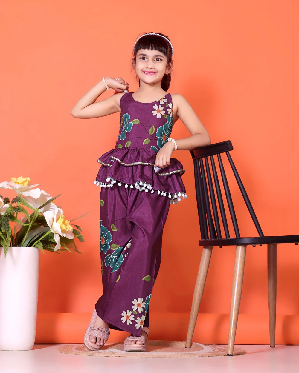 Girls’ Plum Printed Kurta with Palazzo – Cotton Blend Partywear by Satyam Fab