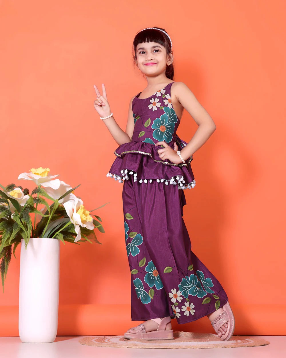 Girls’ Plum Printed Kurta with Palazzo – Cotton Blend Partywear by Satyam Fab