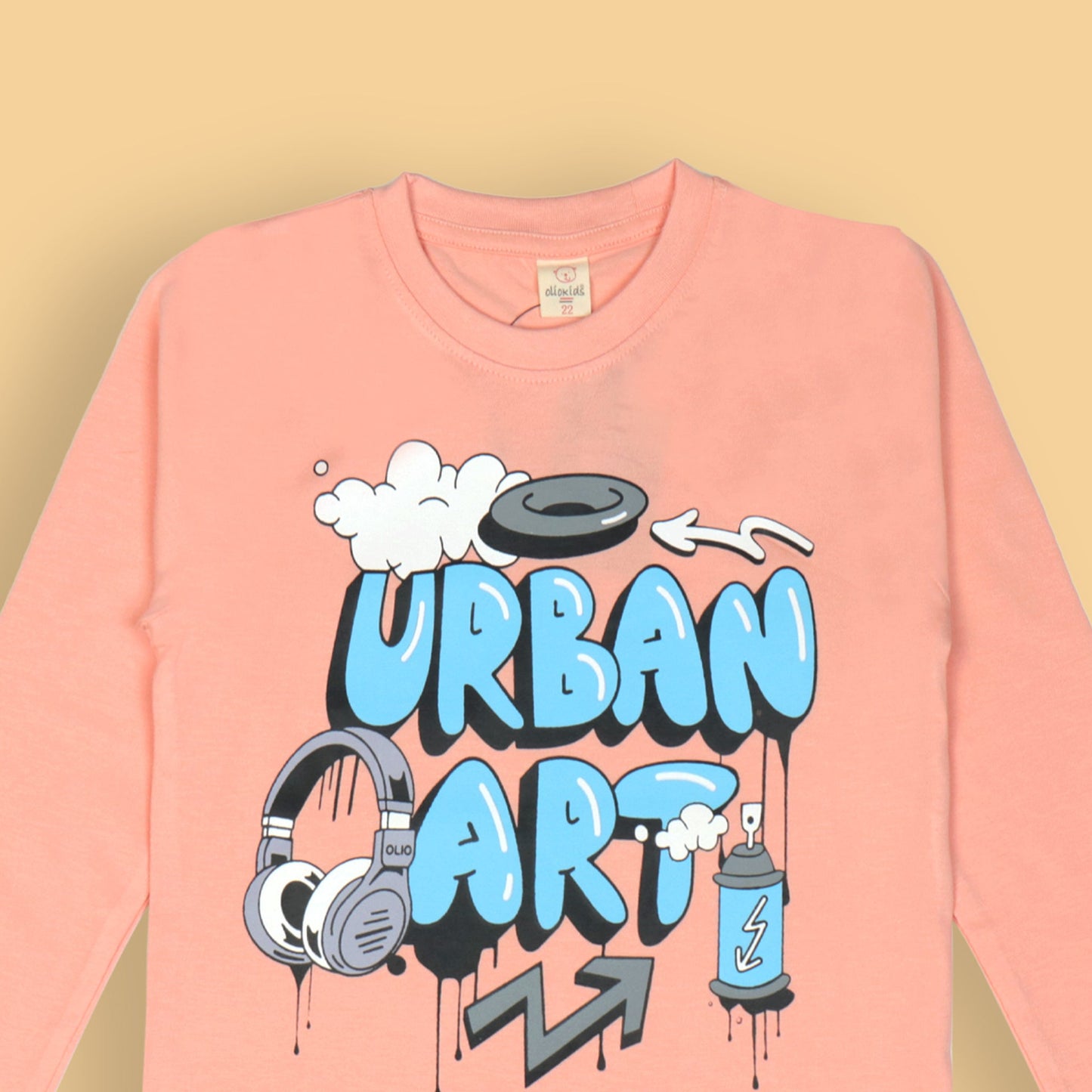 OlioKids Boys’ Dark Peach Full Sleeve Tee – URBAN ART Revolt Print, Extra Soft Cotton, Outdoor & Party Essential