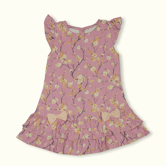 Dew Drop Girls' Floral Frilled Sleeves Dark Peach – Comfortable Slip-On Frock