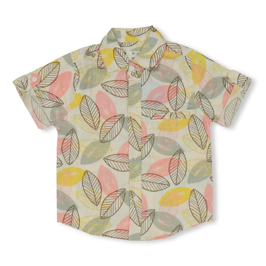 Dew Drop Boys' Cotton Shirt with Leaves Print – Soft Fabric, Half Sleeves, Summer Essentials (Peach)