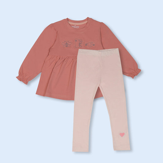 Cute Mumbl Jumbl Girls Nightwear’ Set – Full Sleeve Frock & Pull-On Pants (Dark Peach)