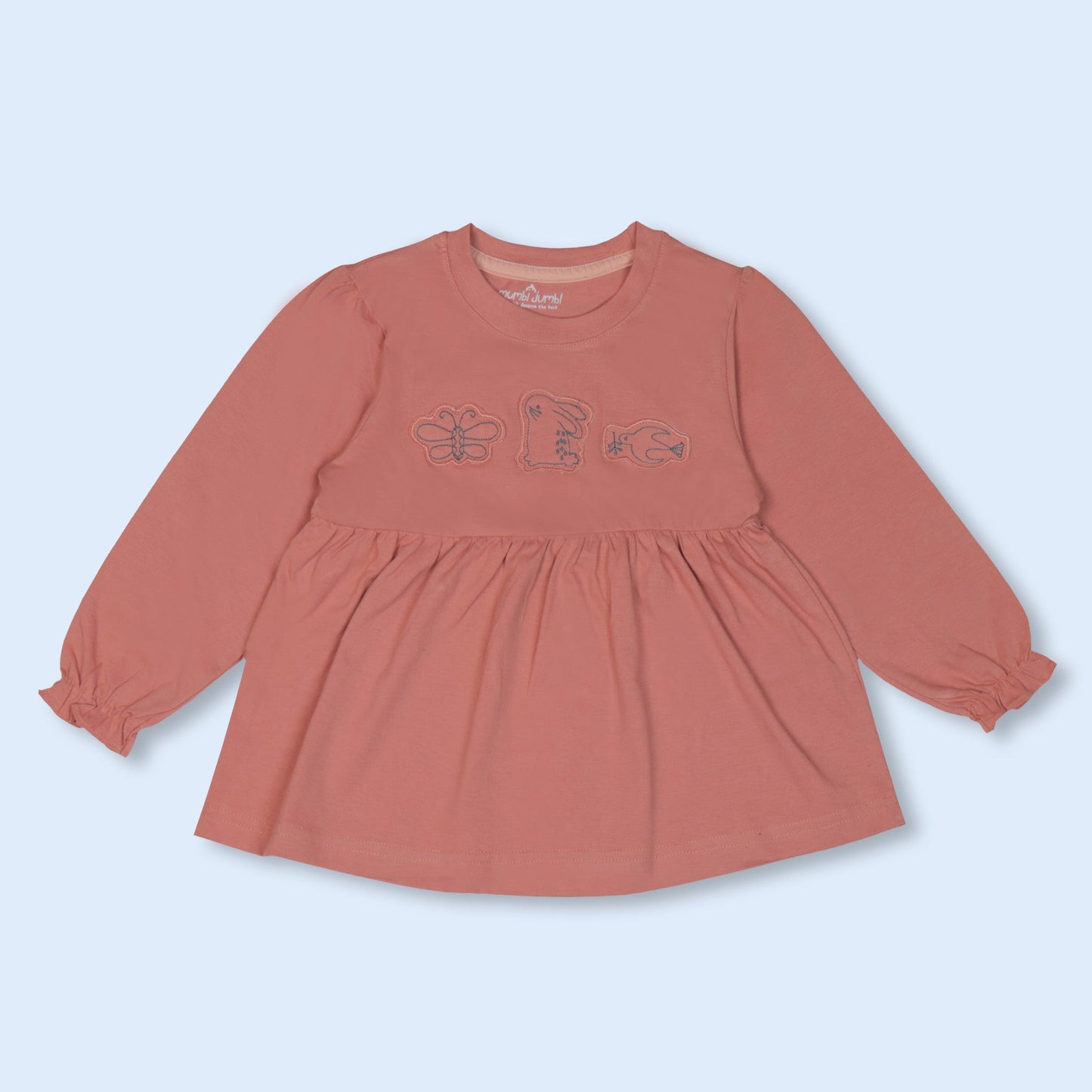 Cute Mumbl Jumbl Girls Nightwear’ Set – Full Sleeve Frock & Pull-On Pants (Dark Peach)