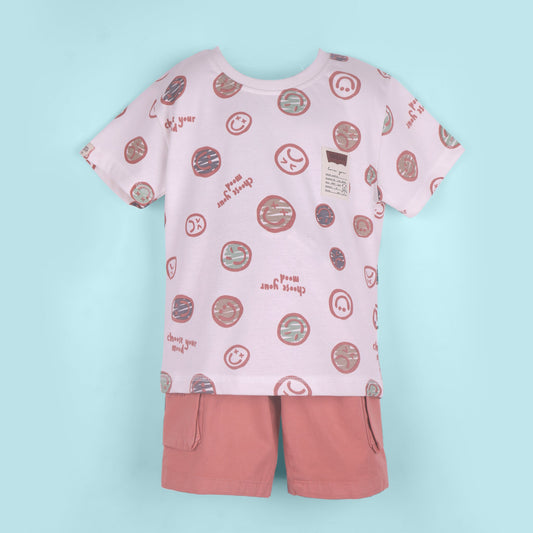 Playful Vibes – Boys’ Dark Peach All Over Print T-Shirt & Shorts