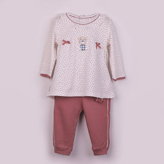 Cozy Dark Peach Top & Elastic Waist Pants – Girls’ Printed Cotton Set