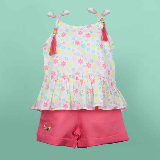 DW Girl's Dark Peach 'Angel' Square Neck Top & Shorts Set