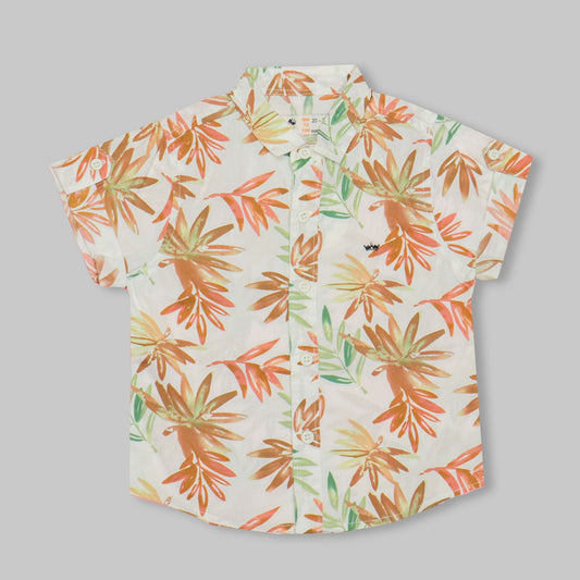 Dew Drop Boys' White Shirt With Brown Floral Print – Soft Fabric, Half Sleeves, Smart Outdoor Essential