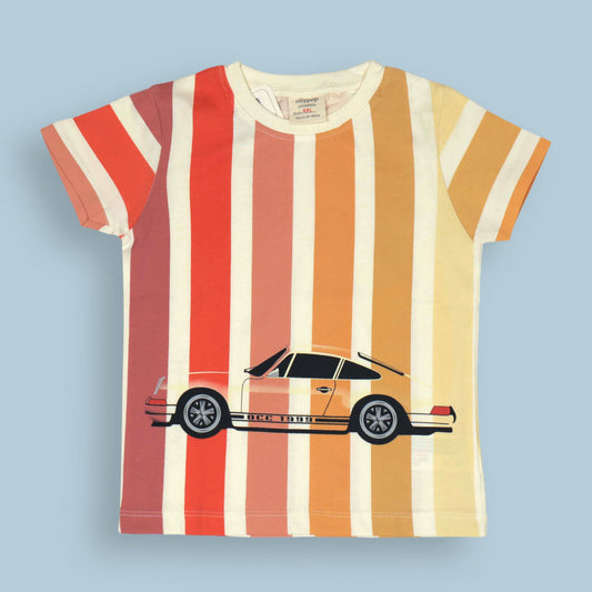 Ollypop Boys’ Striped Sinker Fabric T-Shirt – Dark Orange, Half Sleeves, Car Print, Smart Outdoor & Sports Wear