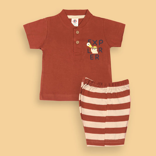 Zero Boys’ Summer Essentials Set – Dark Orange Half Sleeve Teddy Bear Cartoon Tee with Front Button & Elastic Waist Shorts