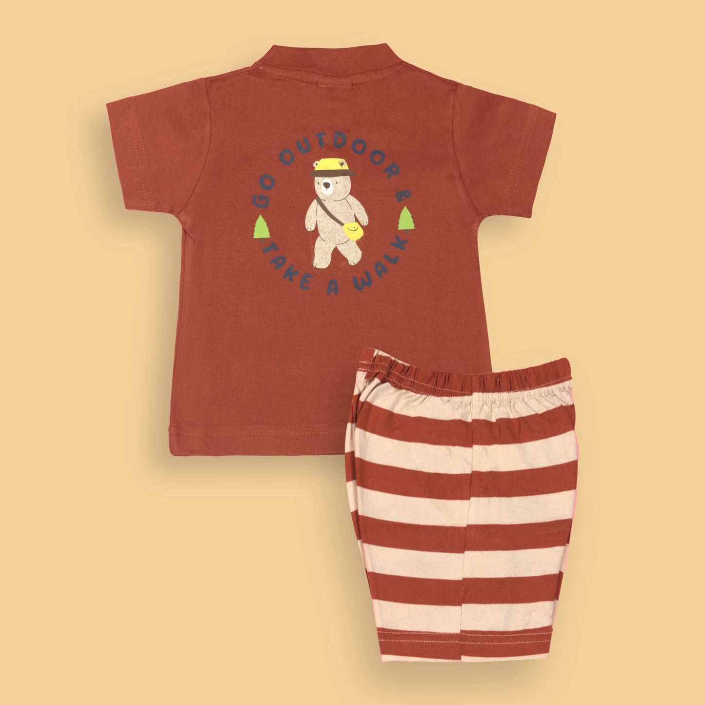 Zero Boys’ Summer Essentials Set – Dark Orange Half Sleeve Teddy Bear Cartoon Tee with Front Button & Elastic Waist Shorts