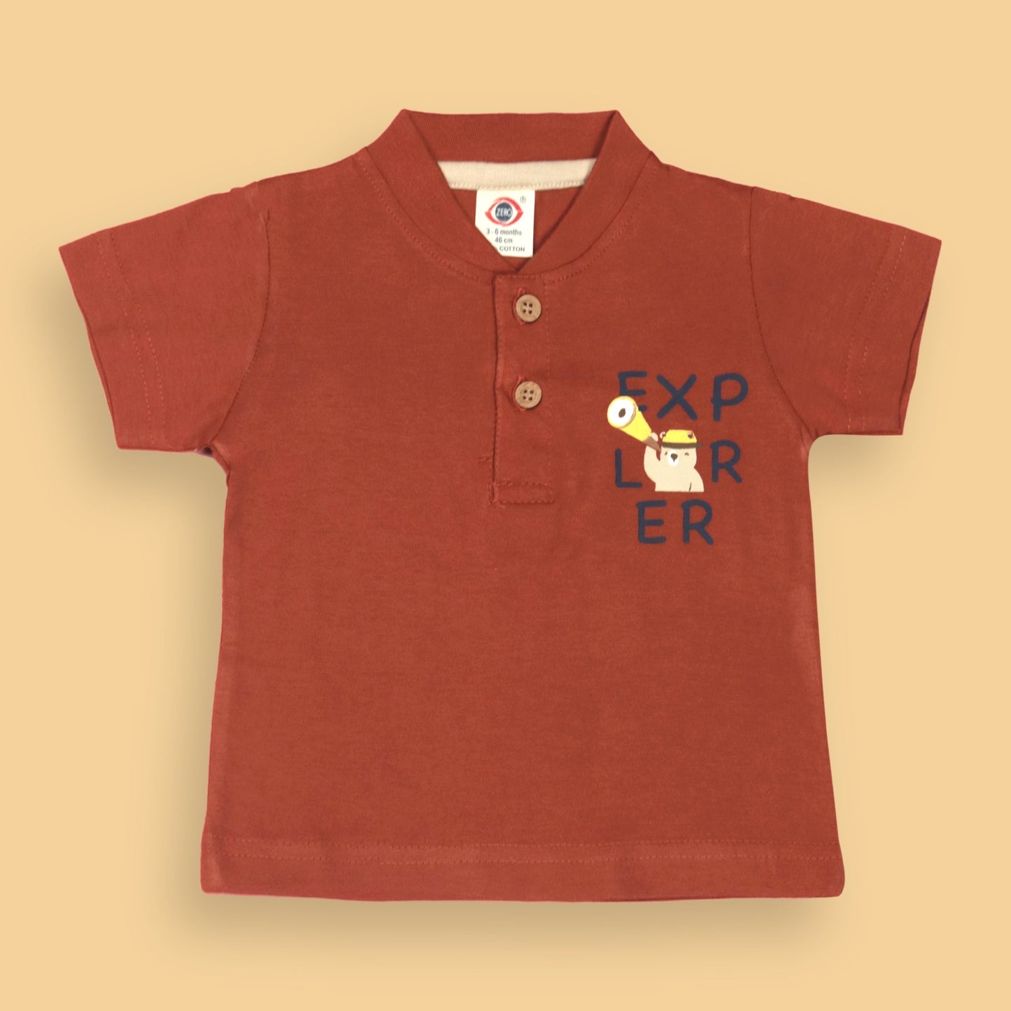 Zero Boys’ Summer Essentials Set – Dark Orange Half Sleeve Teddy Bear Cartoon Tee with Front Button & Elastic Waist Shorts