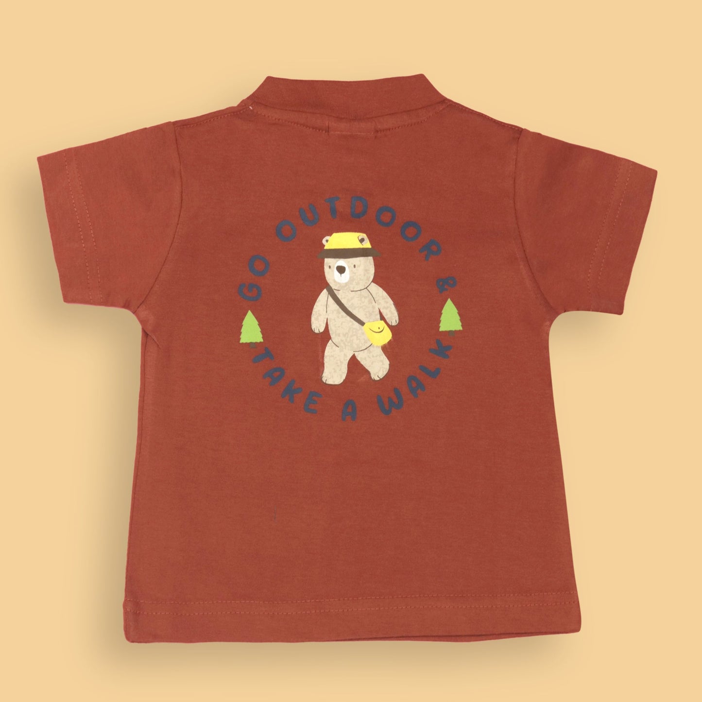 Zero Boys’ Summer Essentials Set – Dark Orange Half Sleeve Teddy Bear Cartoon Tee with Front Button & Elastic Waist Shorts