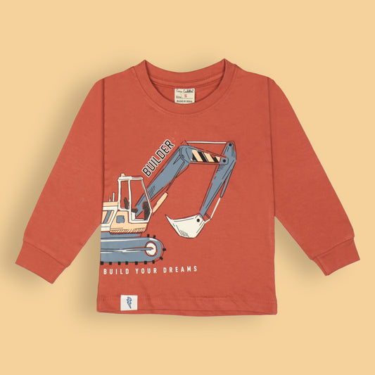 Builder – Build Your Dreams Dark Orange Tee by Cucumber – Boys’ Full Sleeves, Soft Cotton Blend Comfort