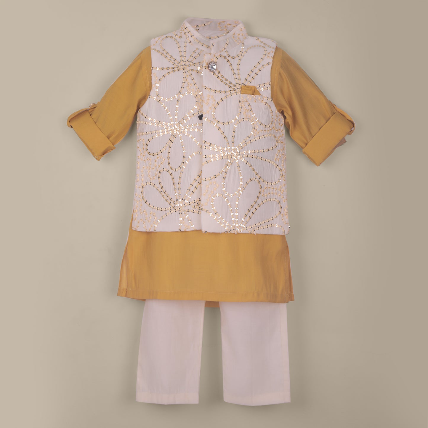 Dapper Look – Boys’ Kurta Pyjama with Khaaki Jacket