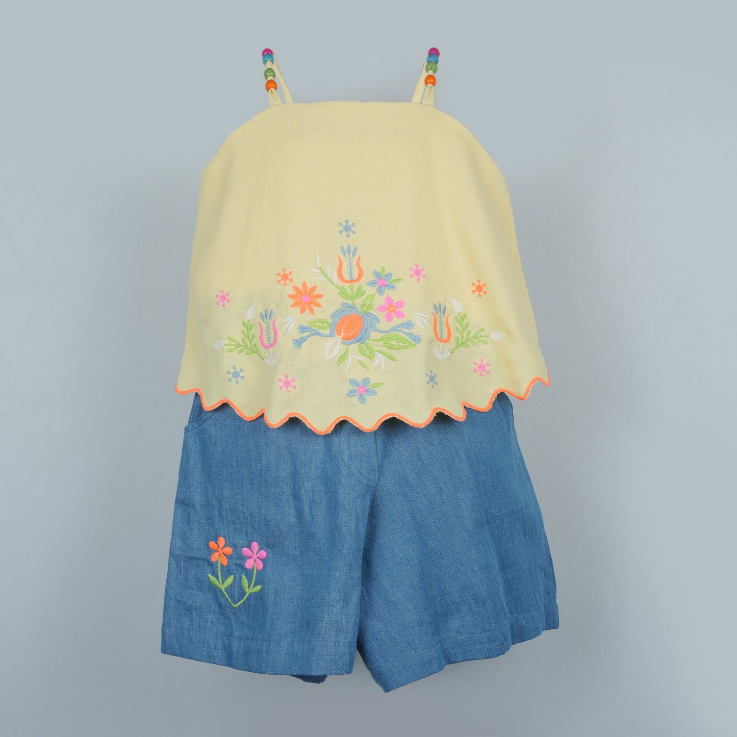 DW Girl's Halter Neck Top & Flared Denim Shorts Set (Khaaki Light)