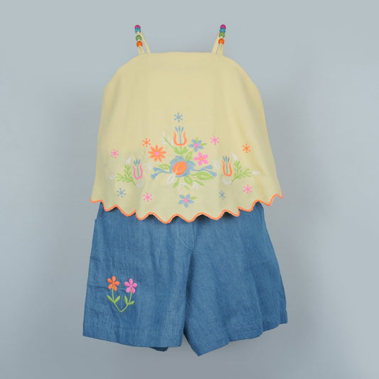 DW Girl's Halter Neck Top & Flared Denim Shorts Set (Khaaki Light)