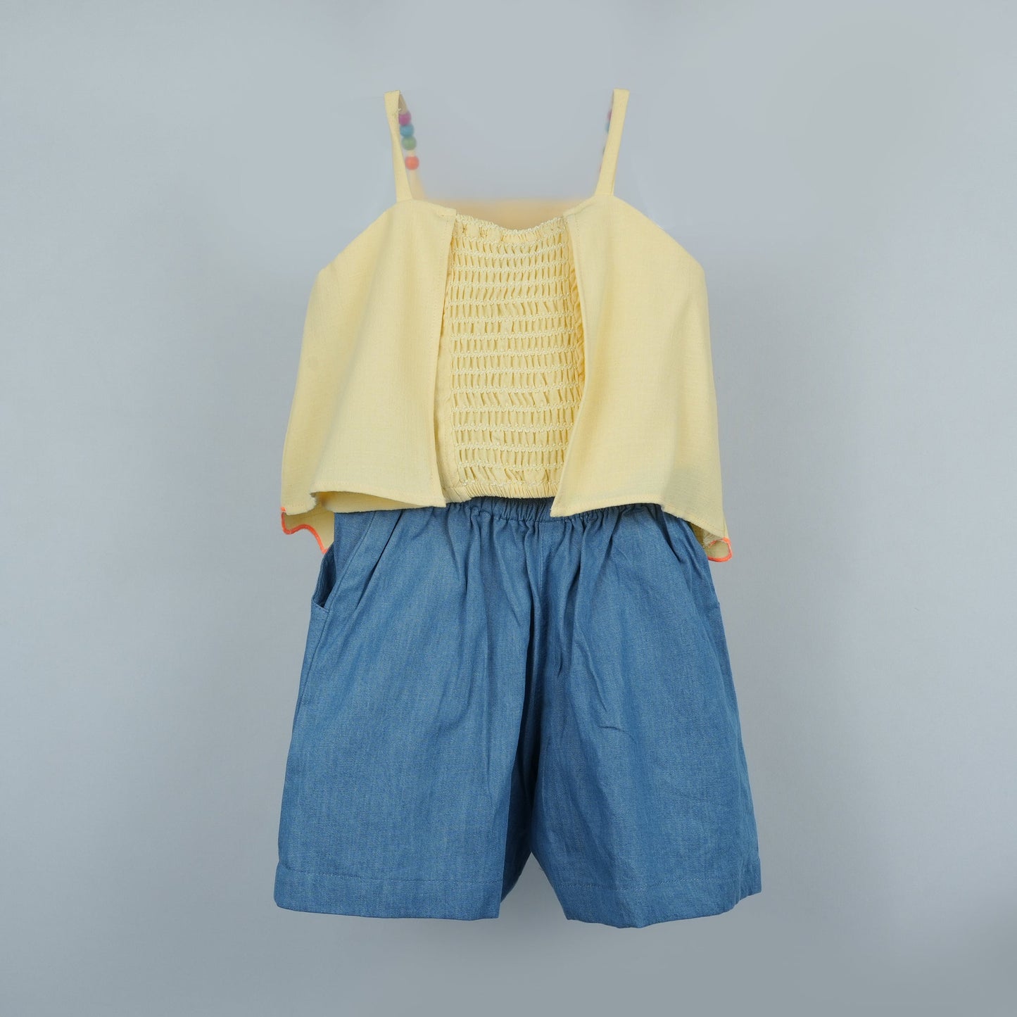 DW Girl's Halter Neck Top & Flared Denim Shorts Set (Khaaki Light)